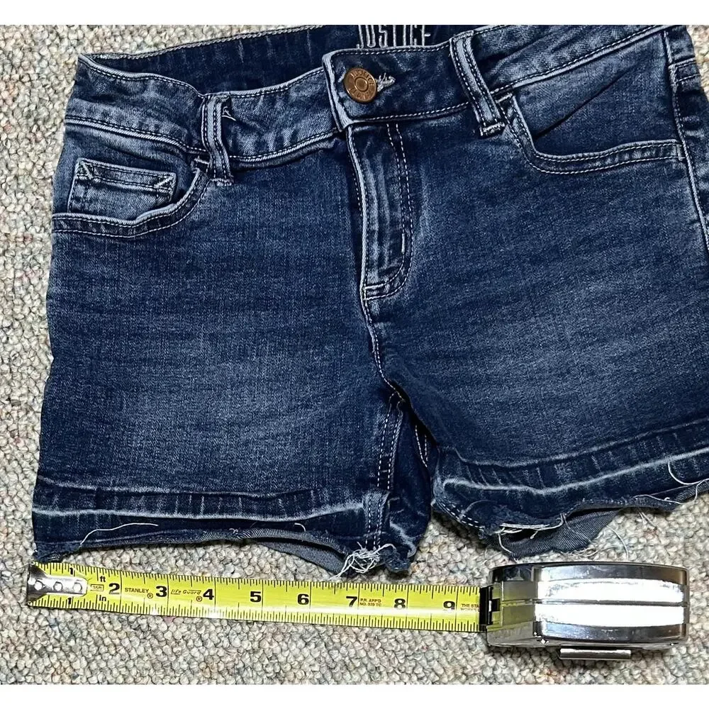 Justice Girls Denim Dark Blue Jean Shorts Size 12 Rolled Cuff Faded